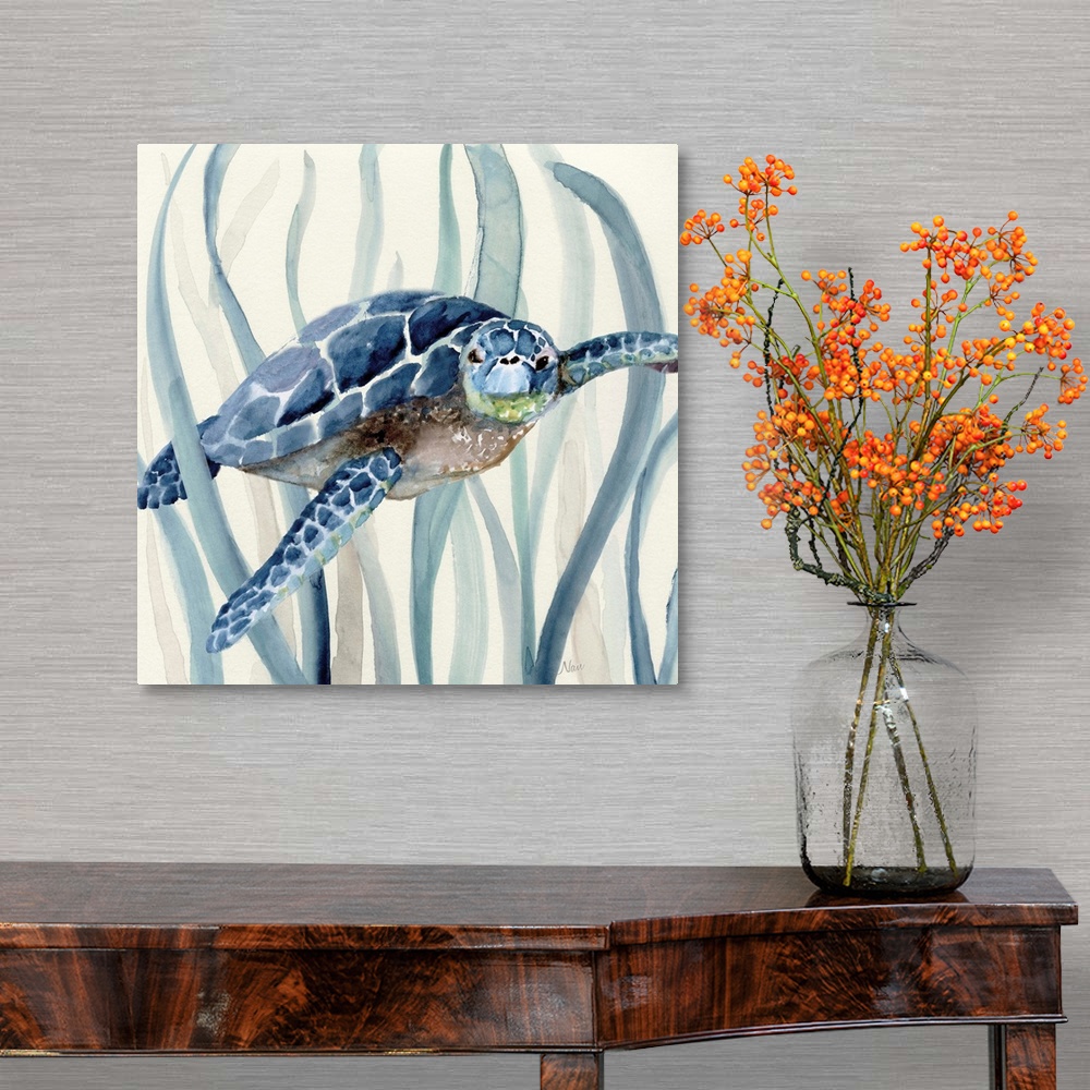 A traditional room featuring Square watercolor painting of a sea turtle  swimming through seagrass in shades of blue.