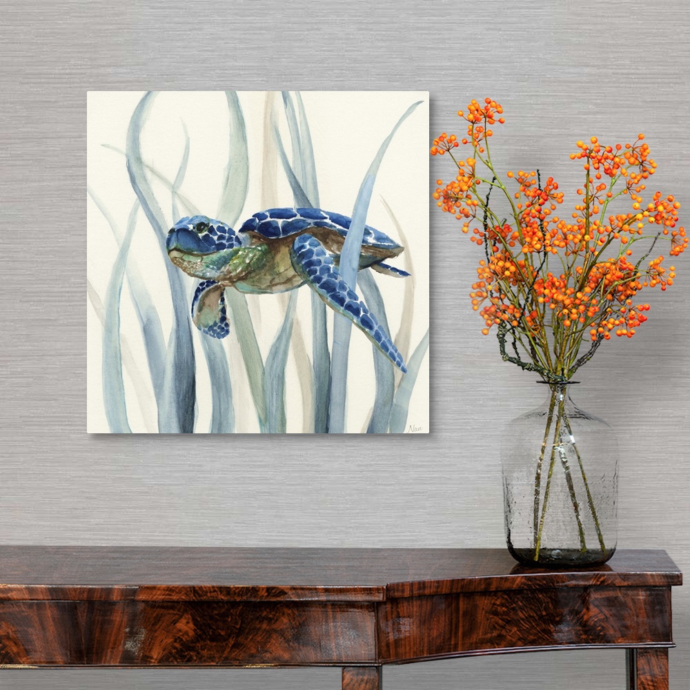 A traditional room featuring Square watercolor painting of an indigo, green, and brown sea turtle underwater in swimming throu...