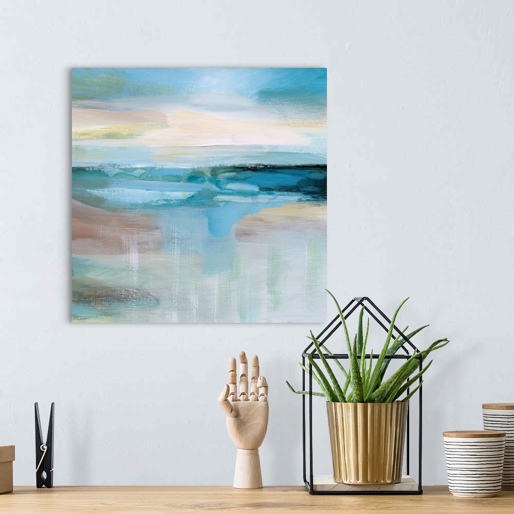 A bohemian room featuring A square abstract painting with light horizontal brushstrokes and cool hues.