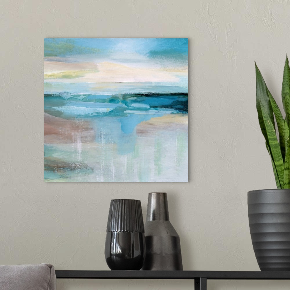A modern room featuring A square abstract painting with light horizontal brushstrokes and cool hues.