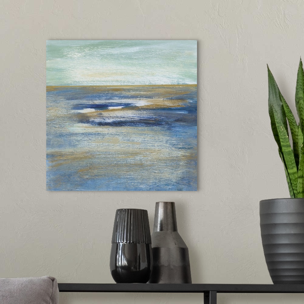 A modern room featuring This square abstract painting of blue, white and gold horizontal brush strokes depicts the artist...
