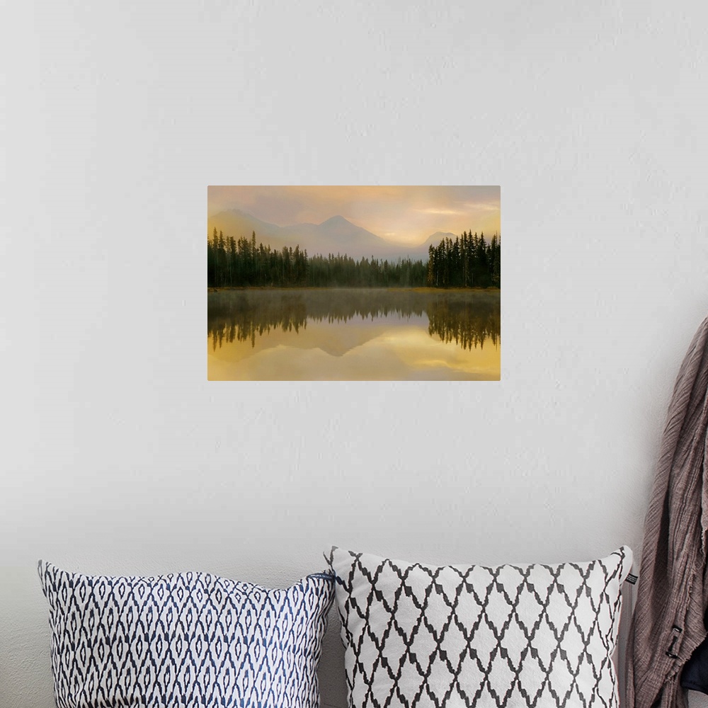 A bohemian room featuring USA, Oregon, Willamette National Forest. Foggy sunrise on Scott Lake and Three Sisters mountains....