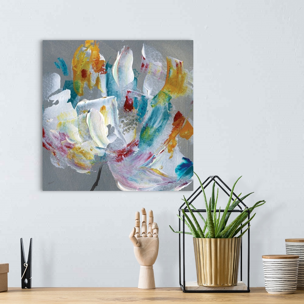 A bohemian room featuring An abstract painting of a flower with textured brush strokes in varies colors.