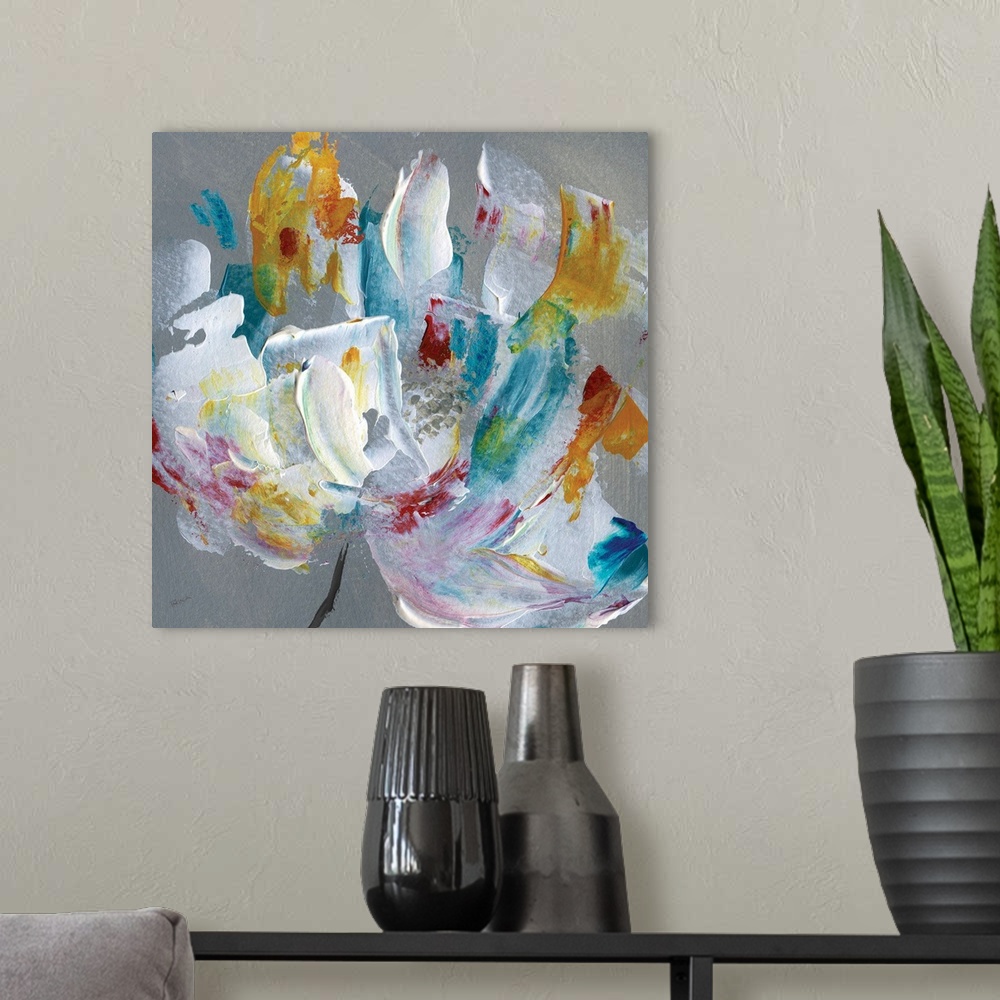 A modern room featuring An abstract painting of a flower with textured brush strokes in varies colors.