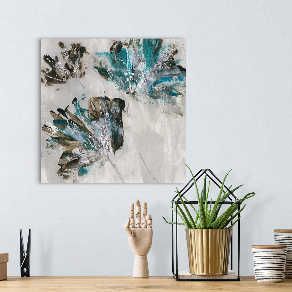 A bohemian room featuring Square painting of three abstract flowers in teal, brown, and grey hues.