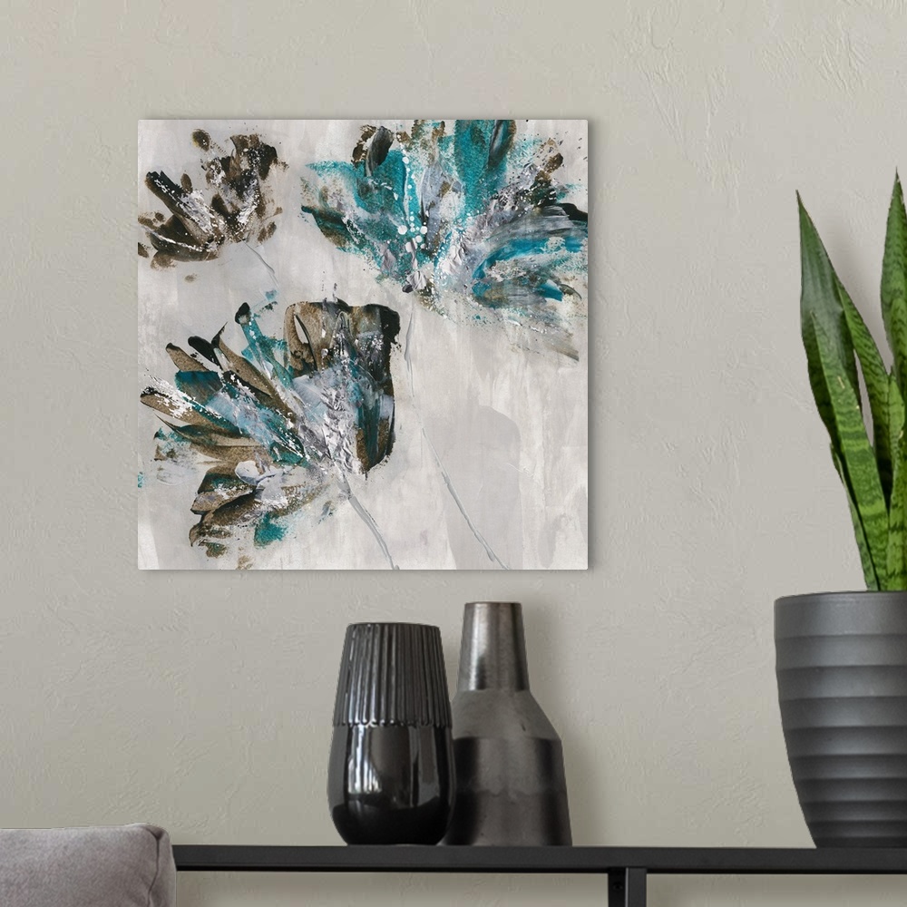 A modern room featuring Square painting of three abstract flowers in teal, brown, and grey hues.
