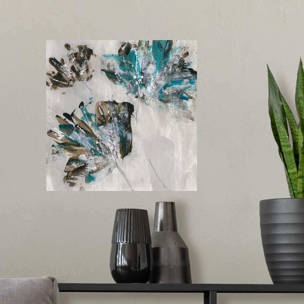 A modern room featuring Square painting of three abstract flowers in teal, brown, and grey hues.
