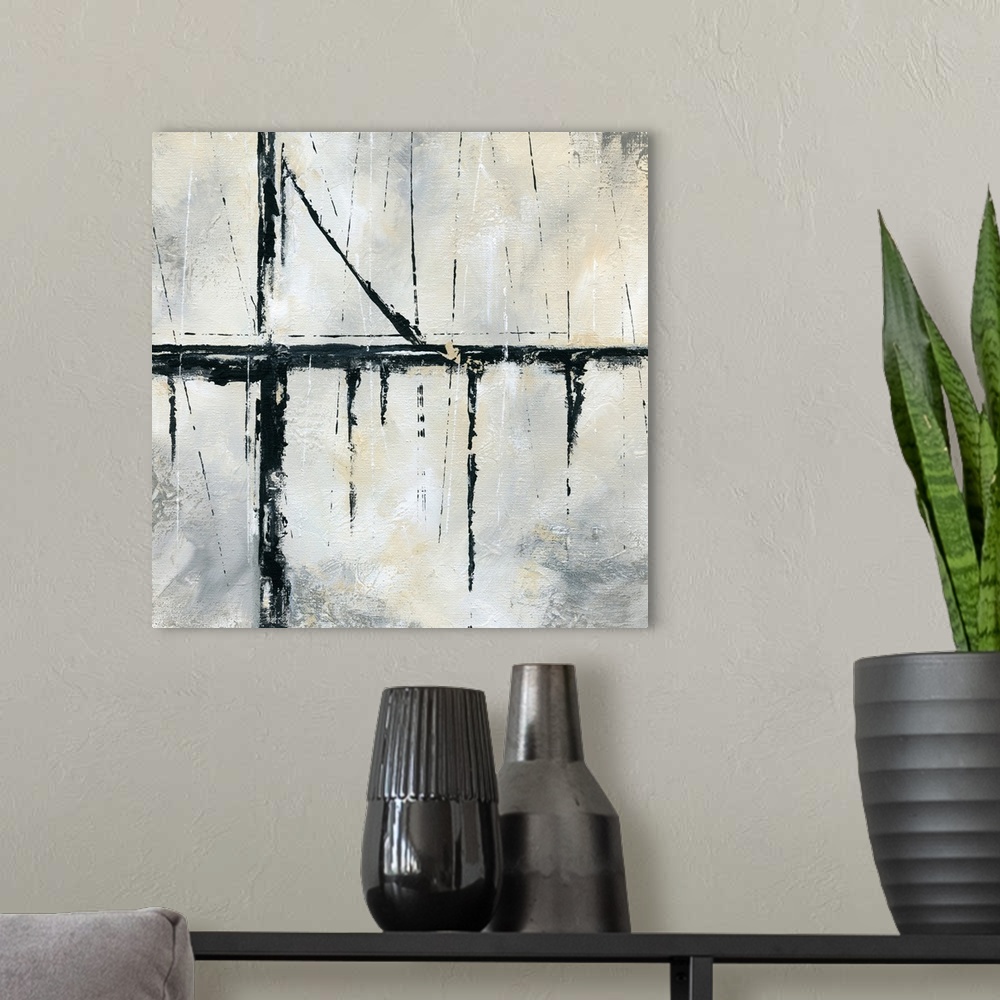 A modern room featuring Square abstract painting with bold, black, dripping lines mixed with thin black lines on a white,...