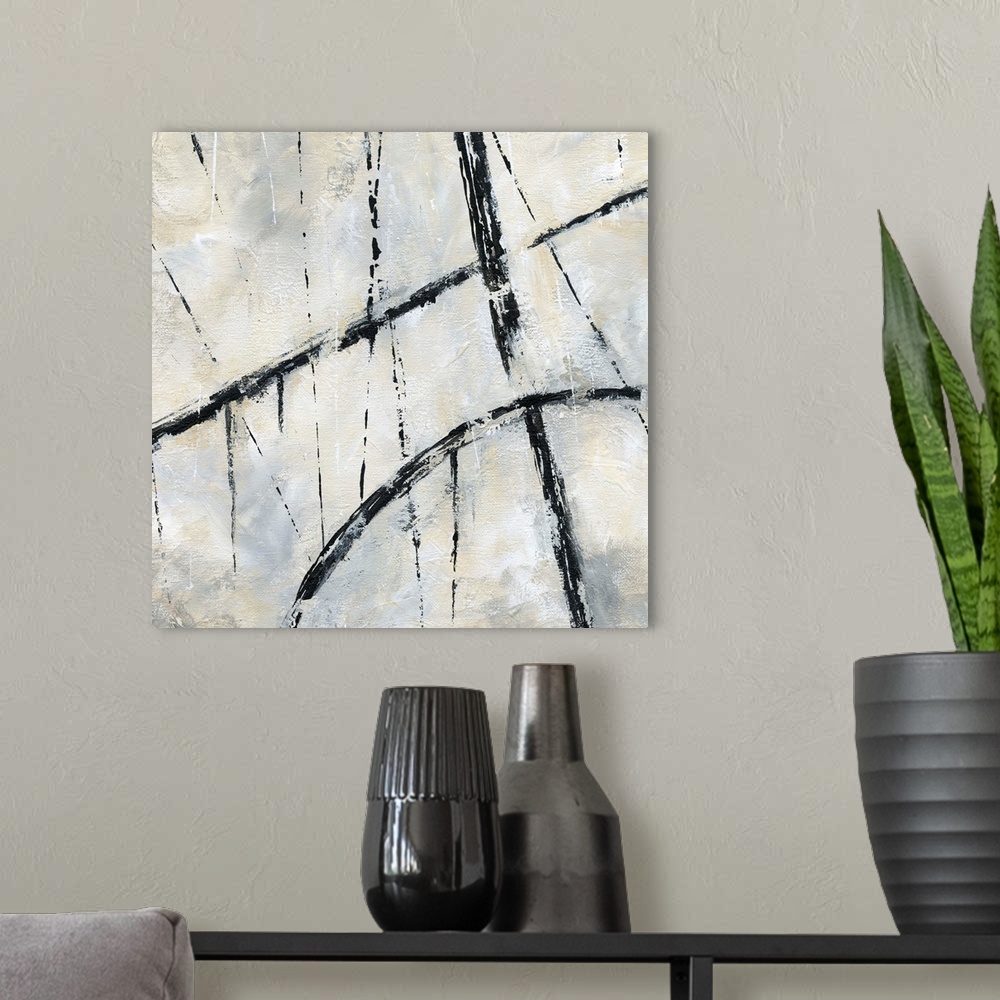 A modern room featuring Square abstract painting with bold, black, dripping lines mixed with thin black lines on a white,...