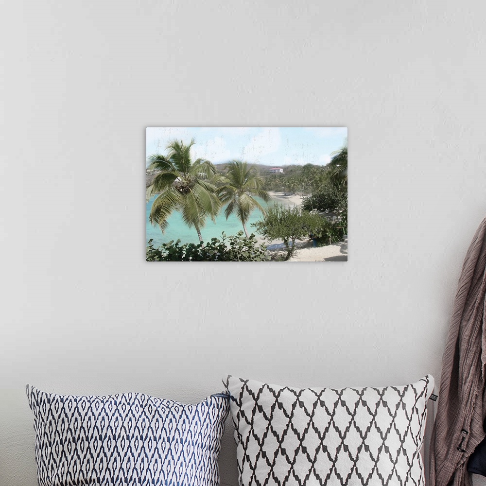 A bohemian room featuring A photo of a tropical beach scene with a charming blue sea peeking through palm trees with a dist...