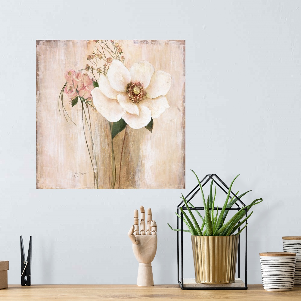 A bohemian room featuring Enchanting painting of white, pink, and gold florals on a soft textured background.