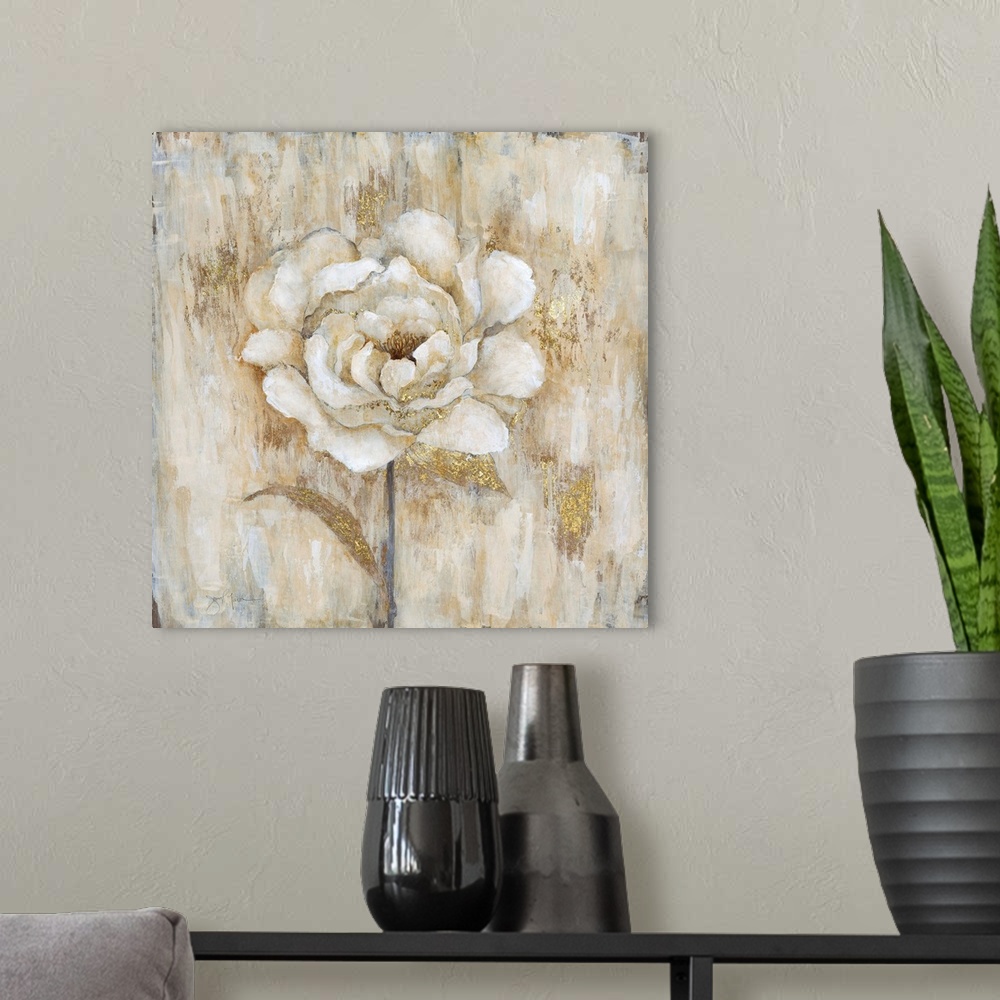 A modern room featuring Elegant square decor with a painted white flower in the center and metallic gold markings all aro...