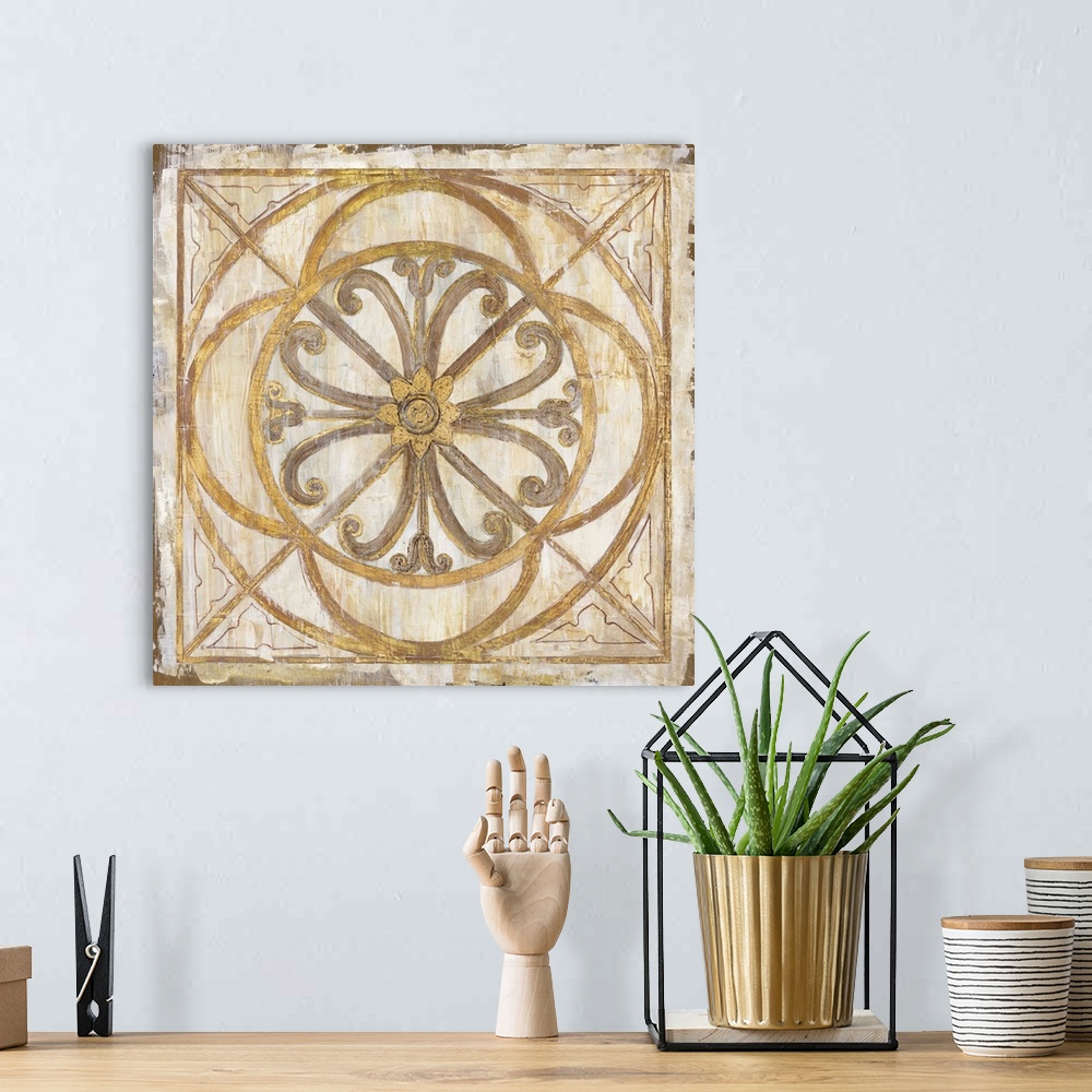 A bohemian room featuring Abstract decor in gold, gray, and cream tones with a geometric mosaic design on a square background.