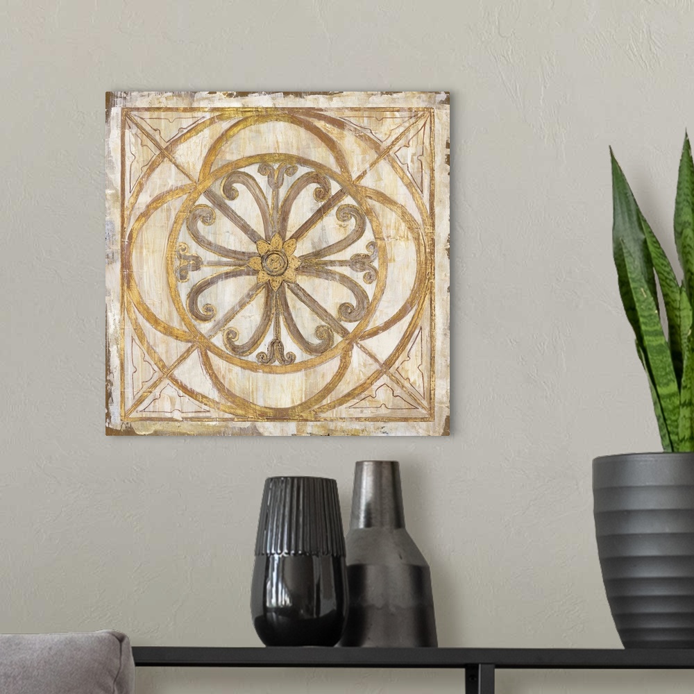 A modern room featuring Abstract decor in gold, gray, and cream tones with a geometric mosaic design on a square background.