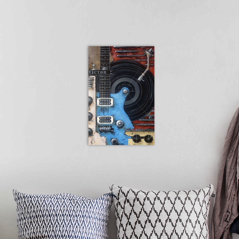 A bohemian room featuring A montage painting of various musical equipment.