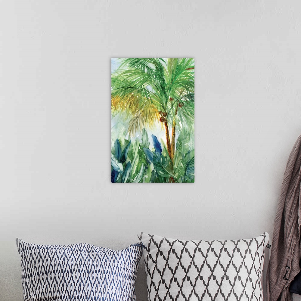 A bohemian room featuring Vertical watercolor painting of a coconut tree surrounded by palm leaves.