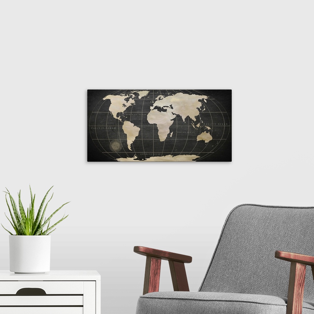 A modern room featuring In this digital artwork, the landmasses of the world are painted in the light cream brush strokes...