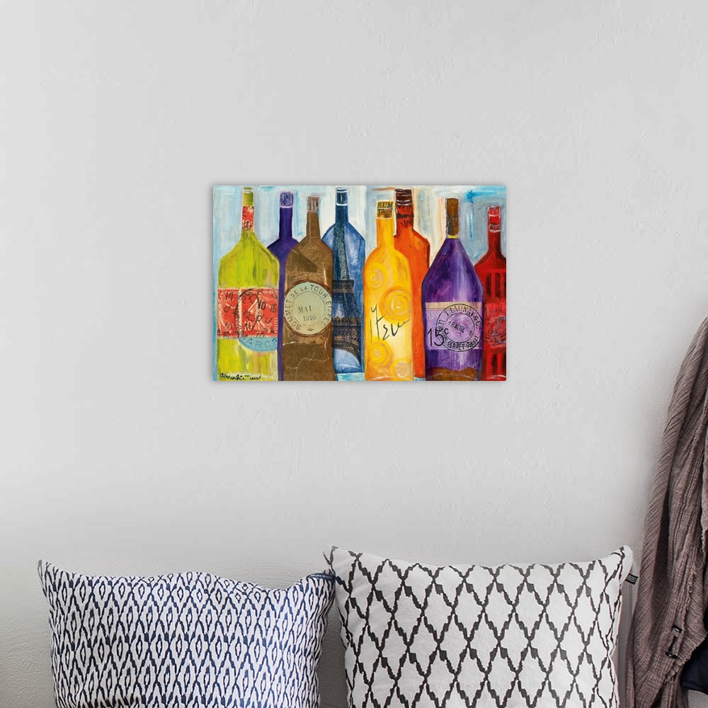 A bohemian room featuring Horizontal painting of colorful wine bottles all sitting around each other with various stamps.