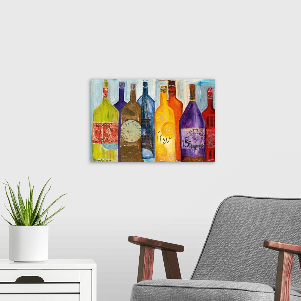 A modern room featuring Horizontal painting of colorful wine bottles all sitting around each other with various stamps.