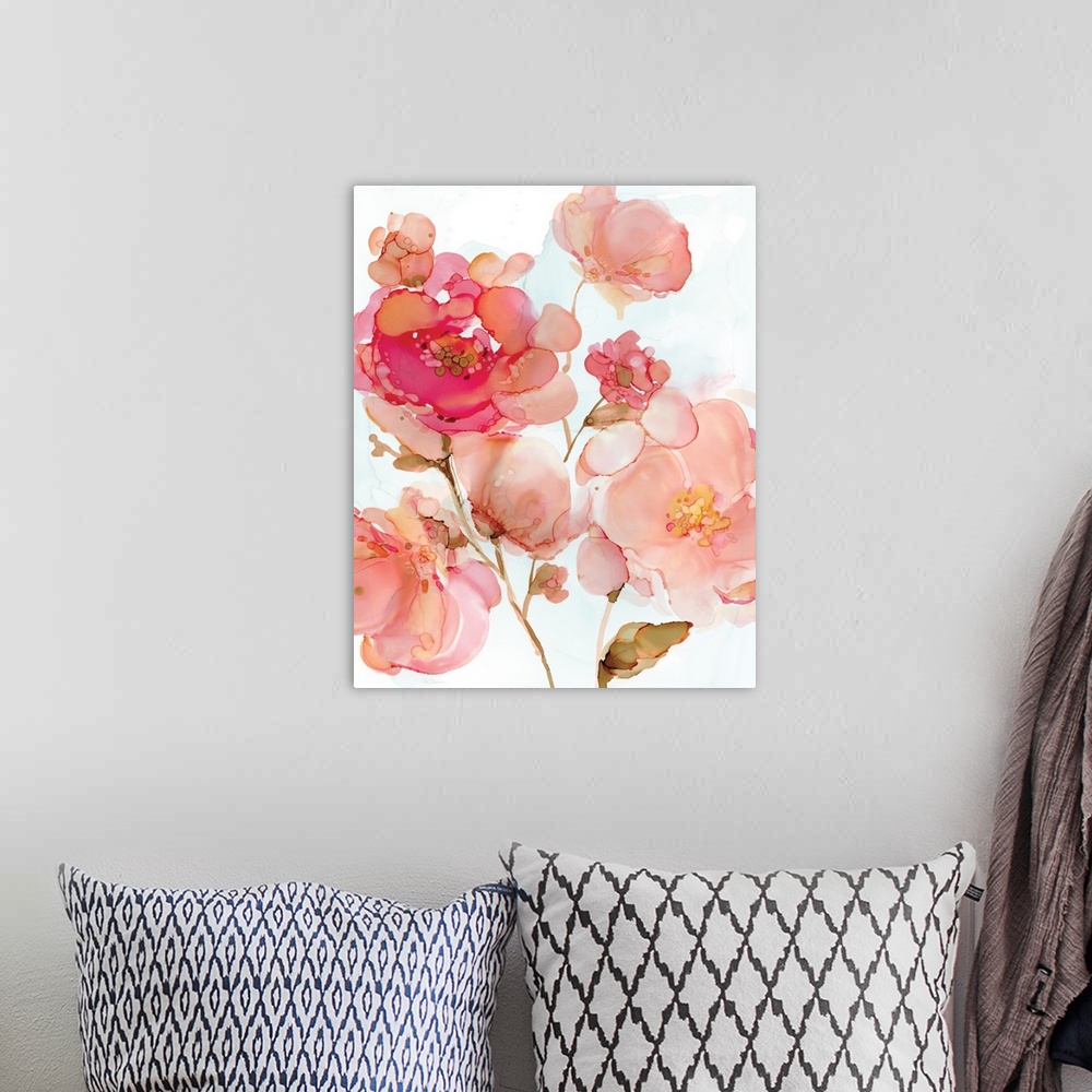 A bohemian room featuring Abstract watercolor painting of pink peonies on a white background.