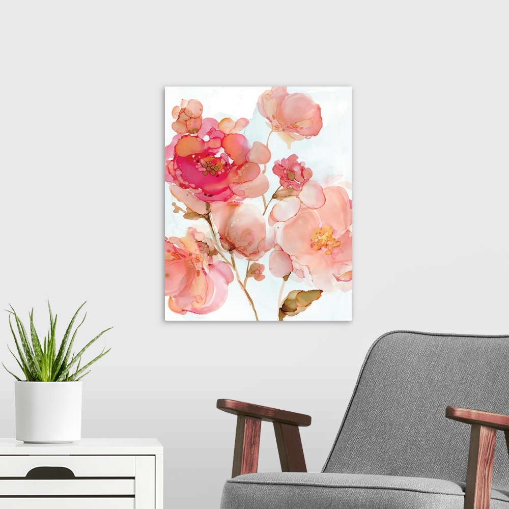 A modern room featuring Abstract watercolor painting of pink peonies on a white background.