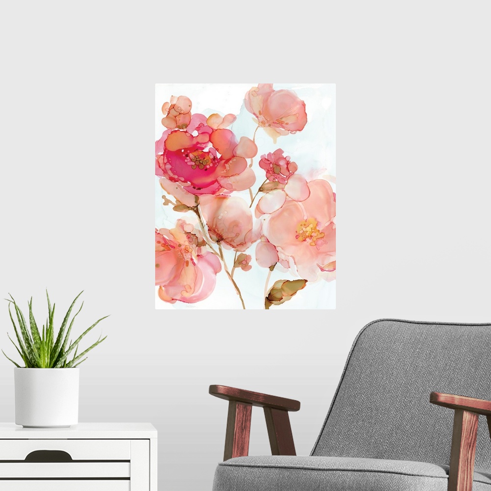 A modern room featuring Abstract watercolor painting of pink peonies on a white background.