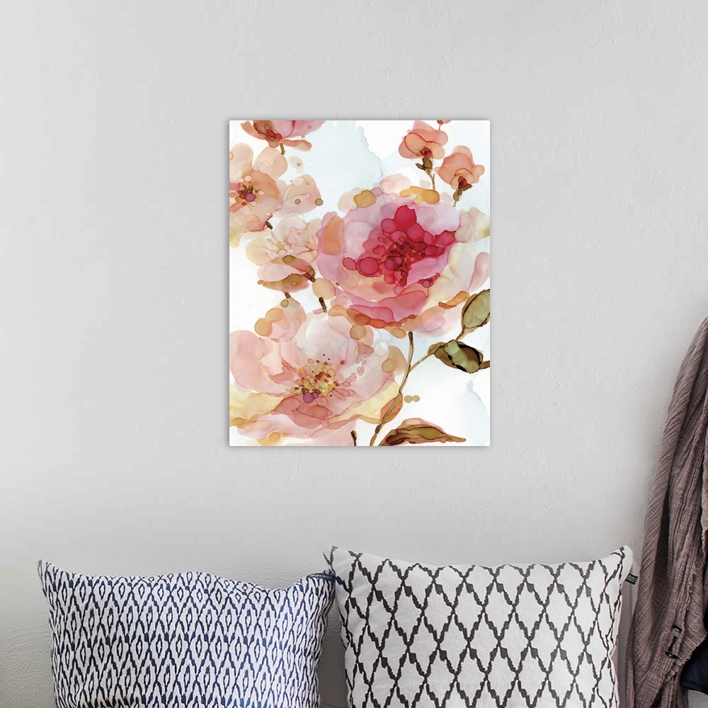 A bohemian room featuring Abstract watercolor painting of pink roses on a white background.