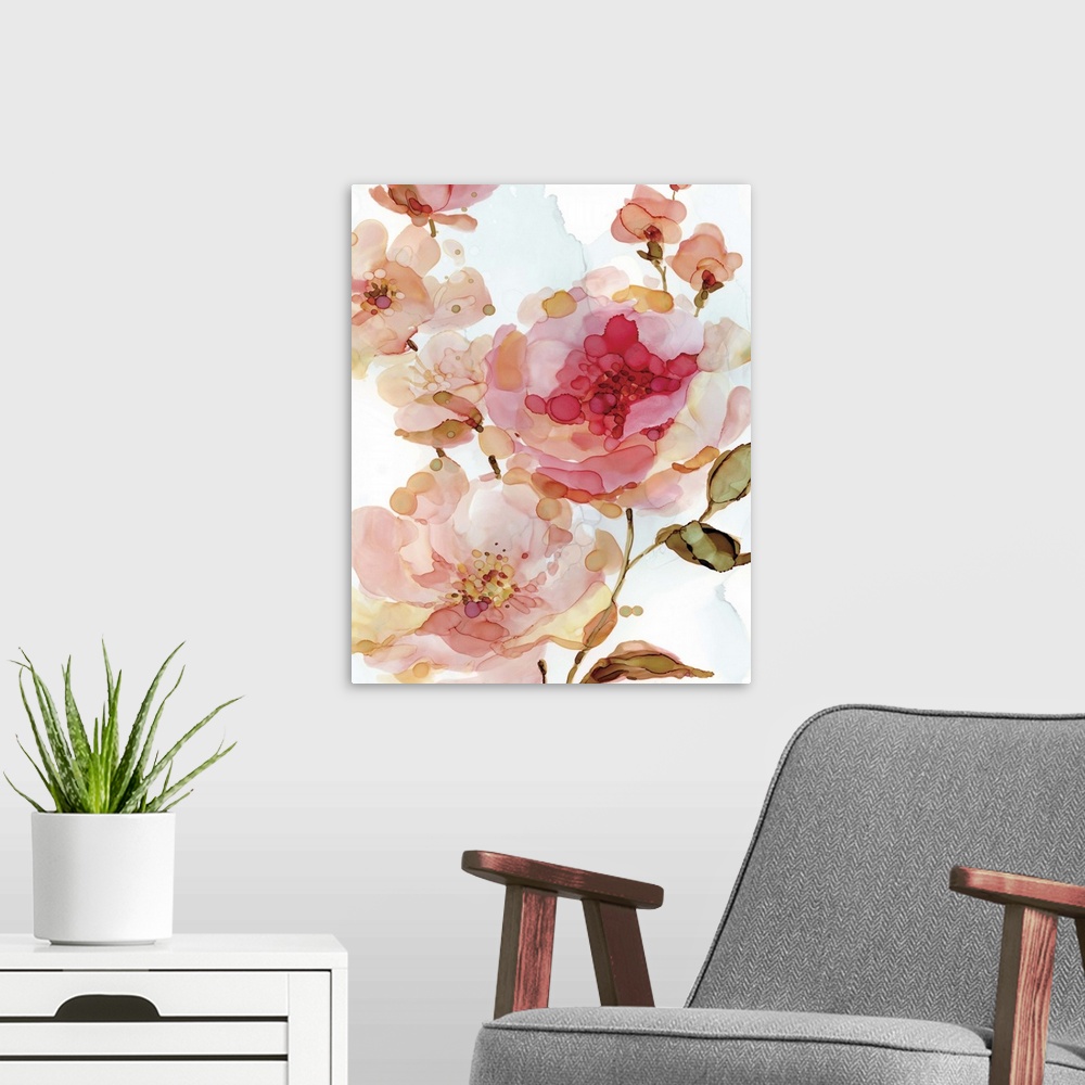 A modern room featuring Abstract watercolor painting of pink roses on a white background.
