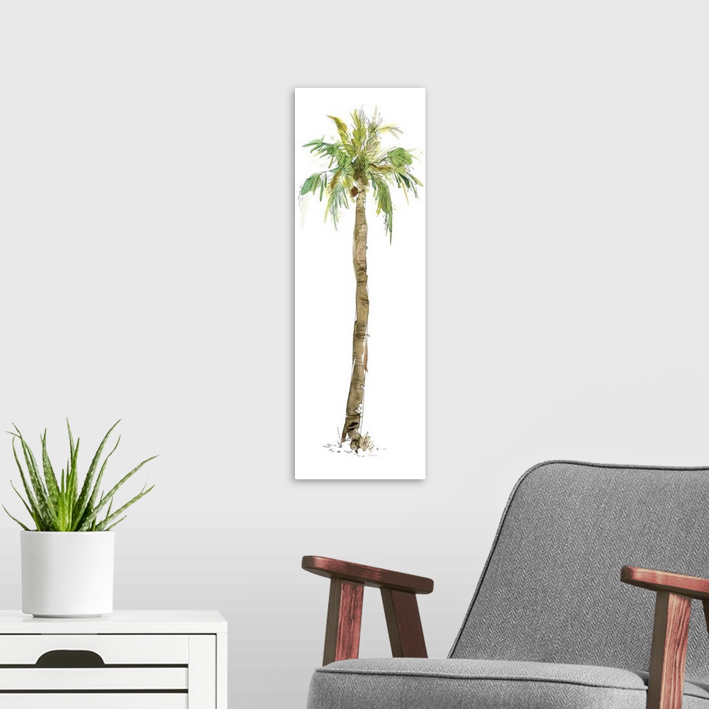 A modern room featuring Tall watercolor painting of a palm tree on a solid white background.