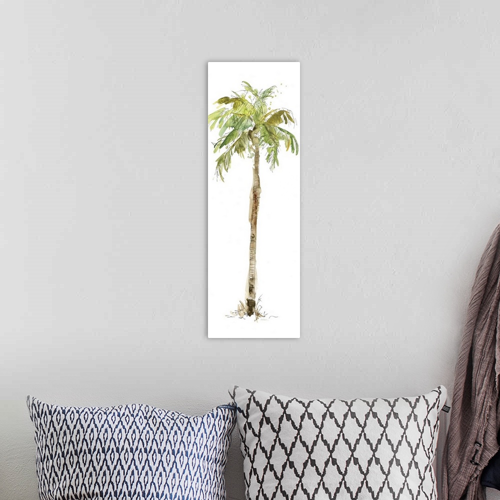 A bohemian room featuring Tall watercolor painting of a palm tree on a solid white background.