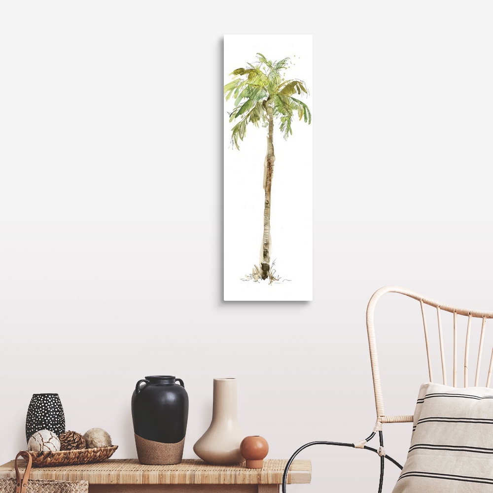 A farmhouse room featuring Tall watercolor painting of a palm tree on a solid white background.