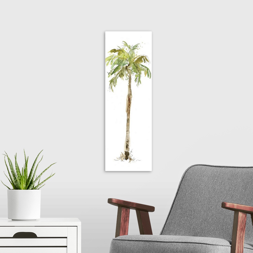 A modern room featuring Tall watercolor painting of a palm tree on a solid white background.
