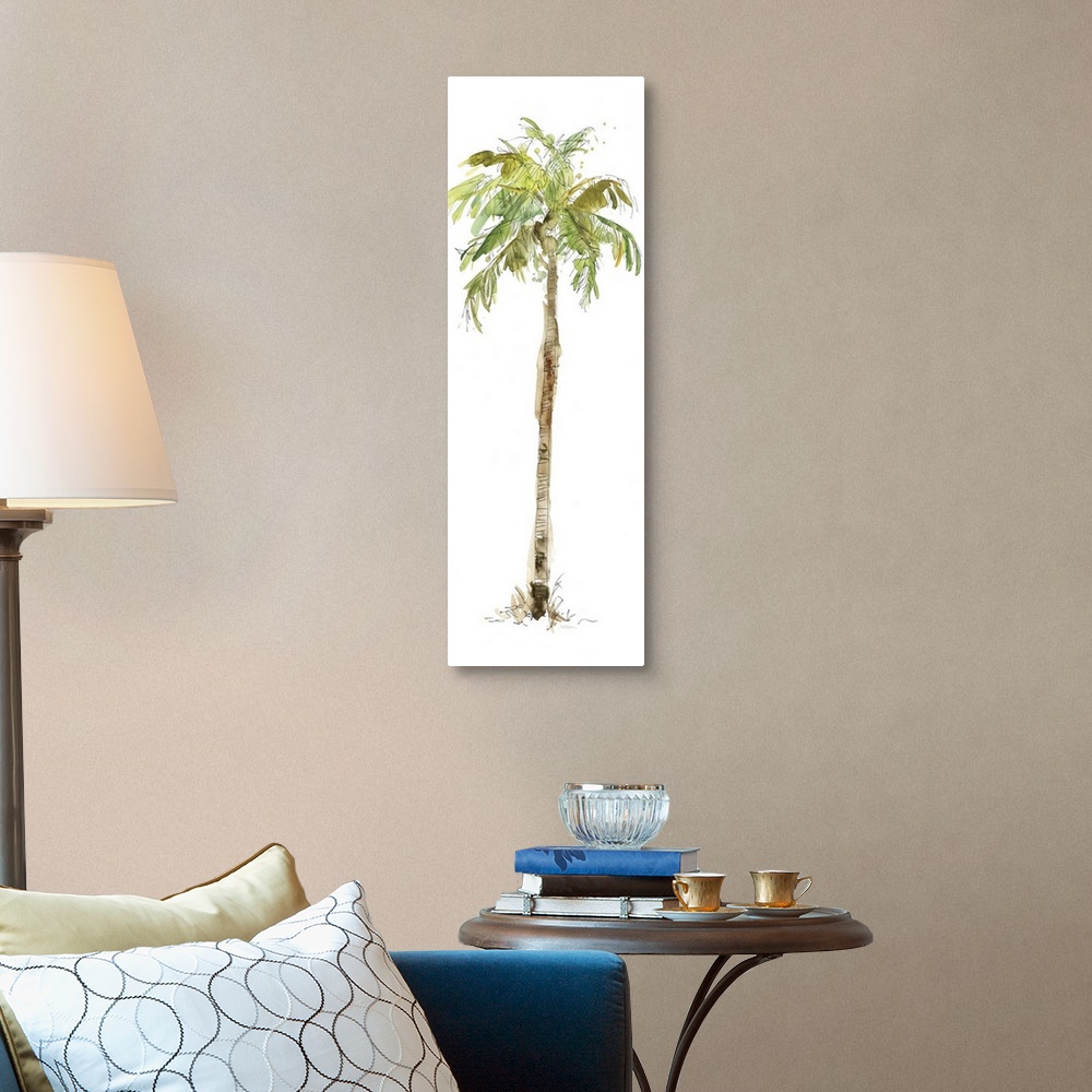 A traditional room featuring Tall watercolor painting of a palm tree on a solid white background.