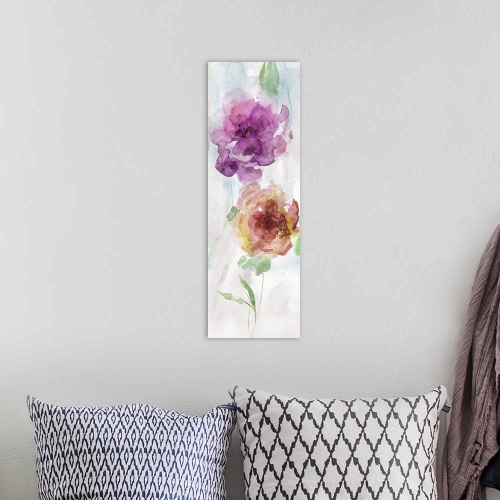 A bohemian room featuring Panel watercolor painting of two flowers in purple, red, and yellow hues with green stems and lea...