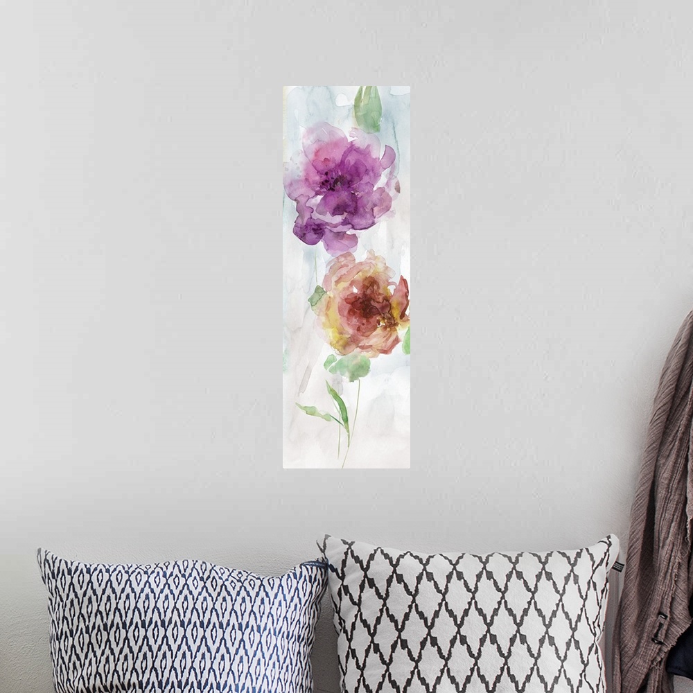 A bohemian room featuring Panel watercolor painting of two flowers in purple, red, and yellow hues with green stems and lea...