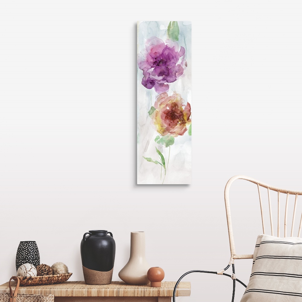 A farmhouse room featuring Panel watercolor painting of two flowers in purple, red, and yellow hues with green stems and lea...