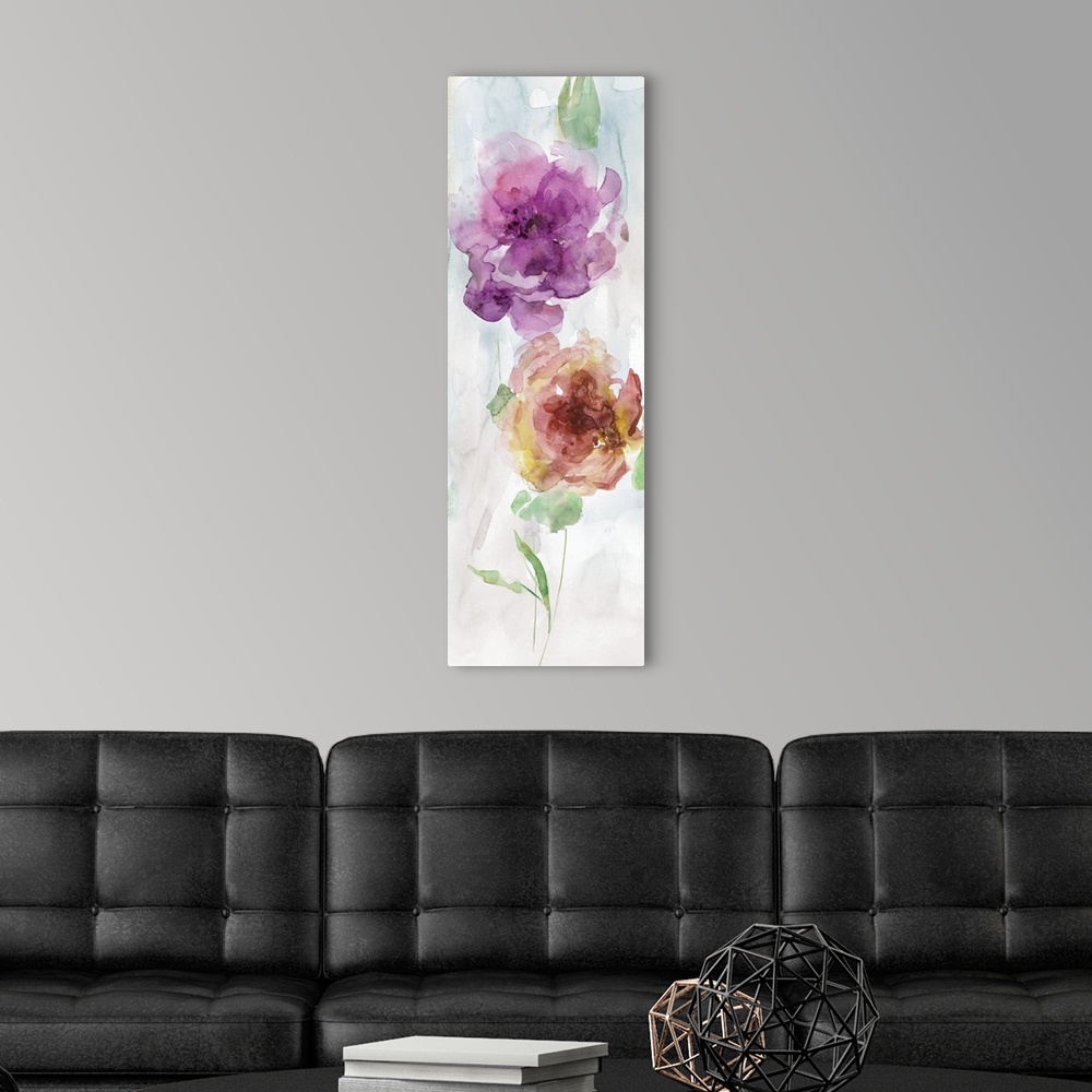 A modern room featuring Panel watercolor painting of two flowers in purple, red, and yellow hues with green stems and lea...