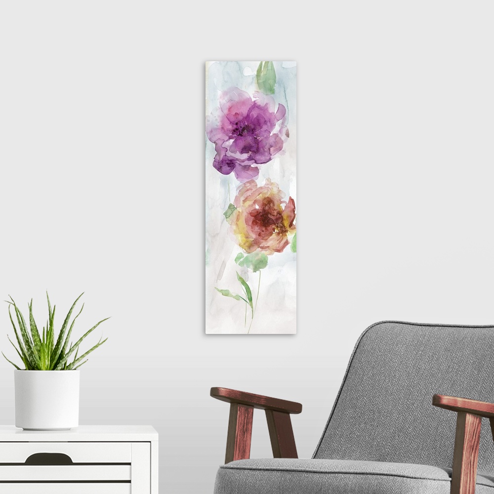 A modern room featuring Panel watercolor painting of two flowers in purple, red, and yellow hues with green stems and lea...