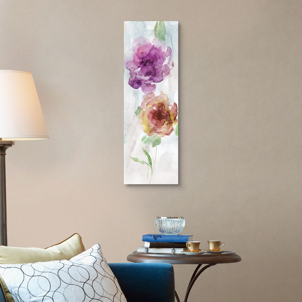 A traditional room featuring Panel watercolor painting of two flowers in purple, red, and yellow hues with green stems and lea...