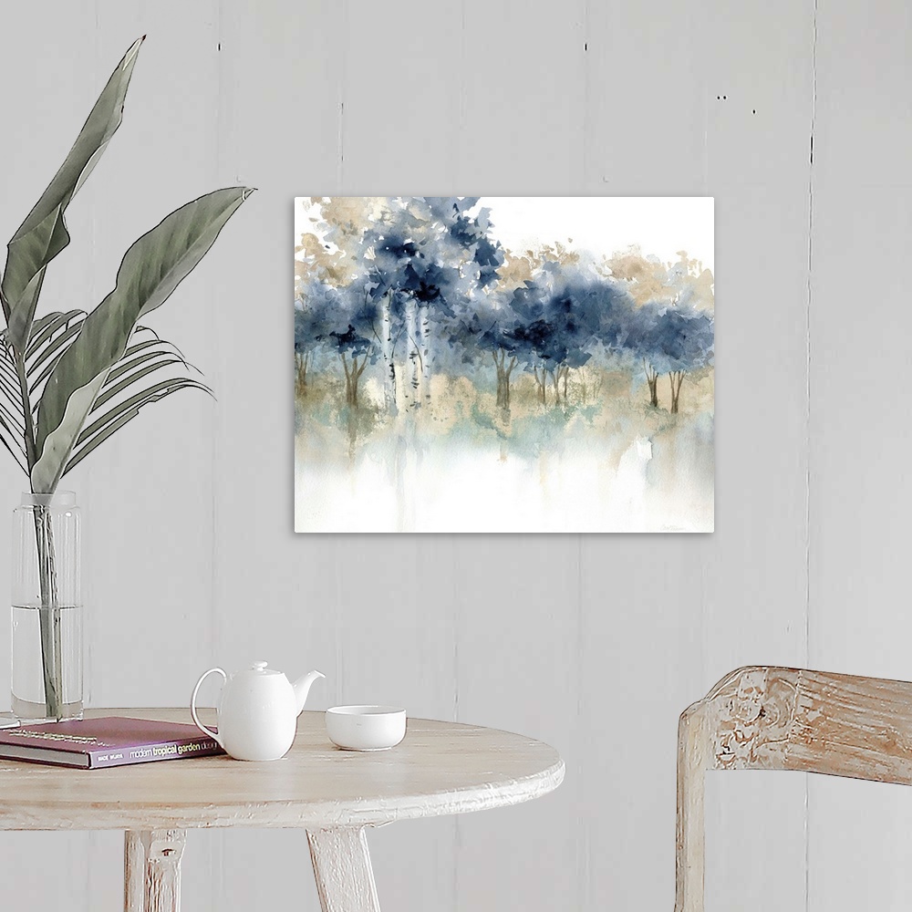 A farmhouse room featuring Abstract watercolor painting of a forest filled with indigo topped trees.