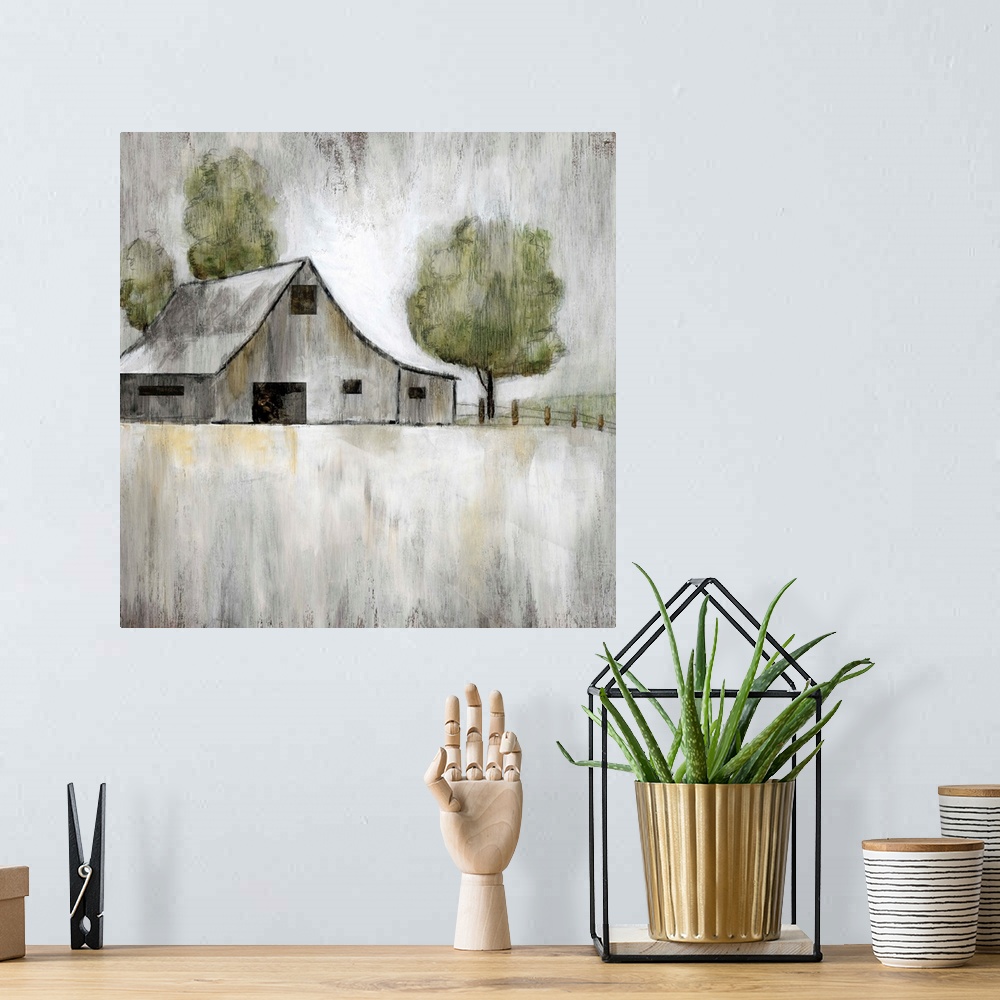 A bohemian room featuring Illustration of an old grey barn with a few trees on a grey landscape.