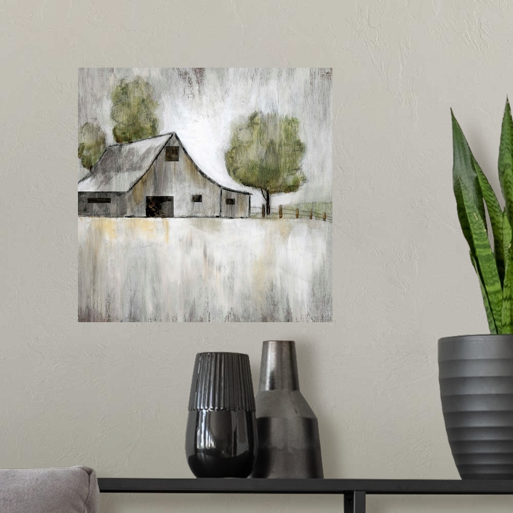 A modern room featuring Illustration of an old grey barn with a few trees on a grey landscape.