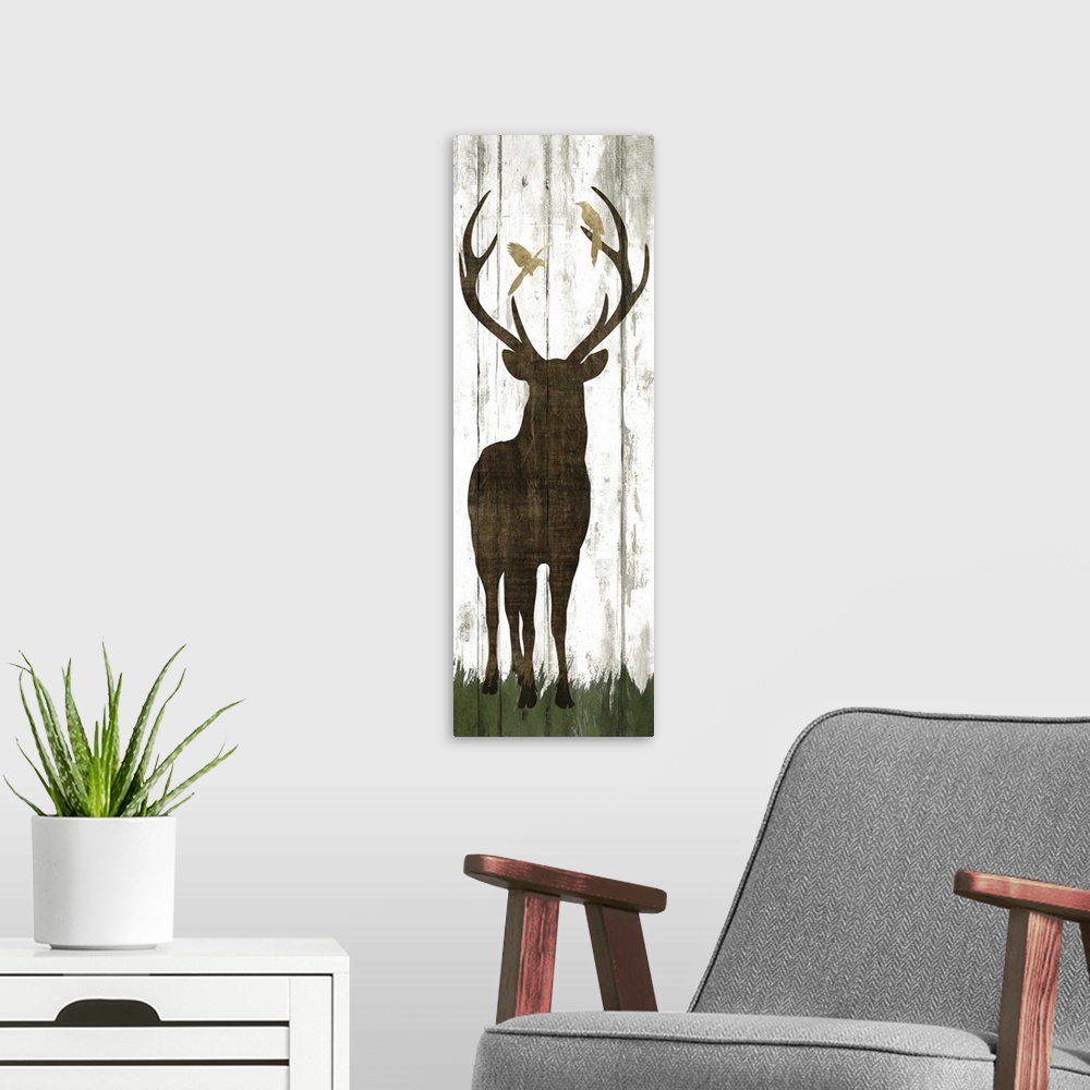 A modern room featuring Silhouette of a deer with birds in its antlers on a wooden board background.