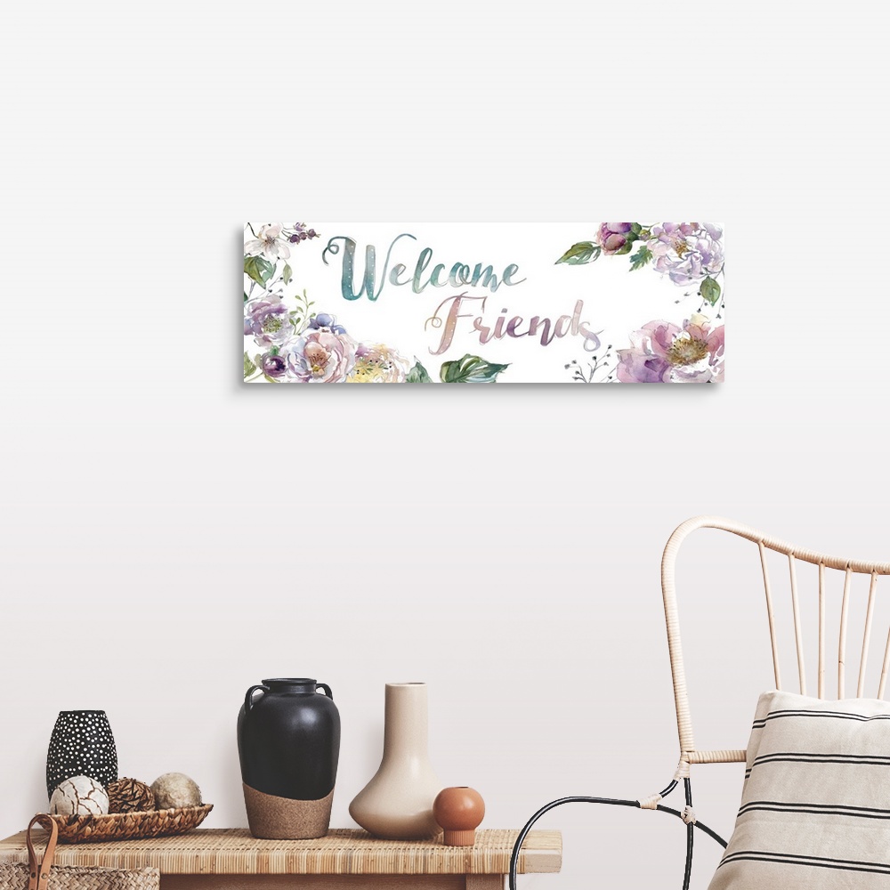 A farmhouse room featuring "Welcome Friends" surrounded by watercolor flowers.