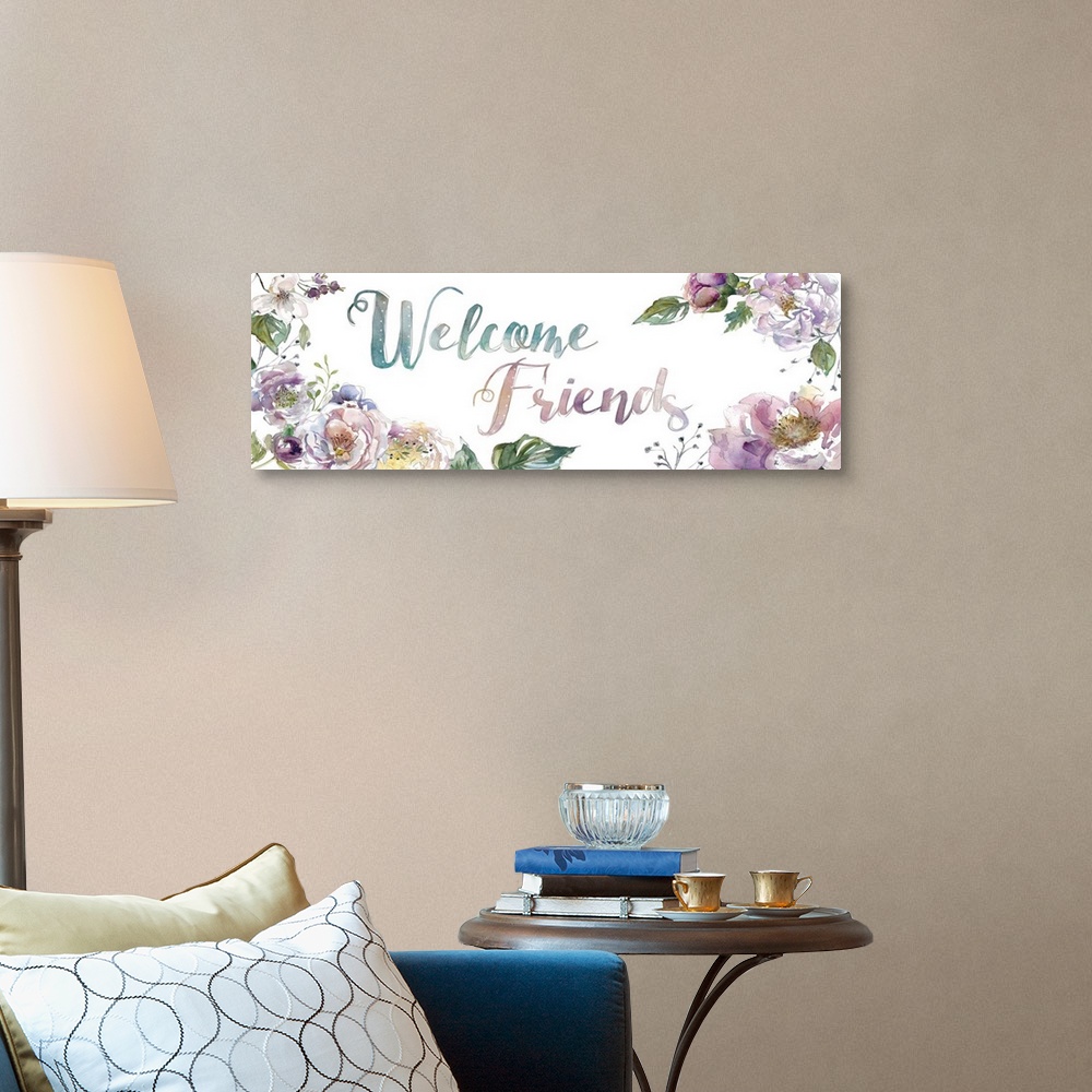A traditional room featuring "Welcome Friends" surrounded by watercolor flowers.
