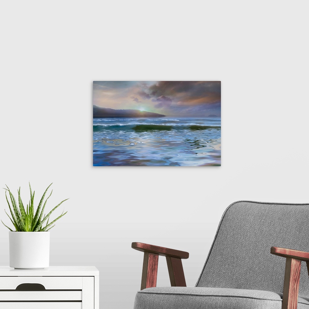 A modern room featuring Landscape photograph of rippling ocean water and crashing waves at dusk with cool purple and blue...