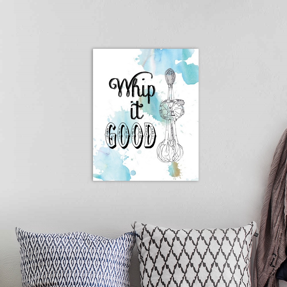 A bohemian room featuring Droplets of blue watercolor on white are the backdrop for the drawing of a hand crank whisk and t...