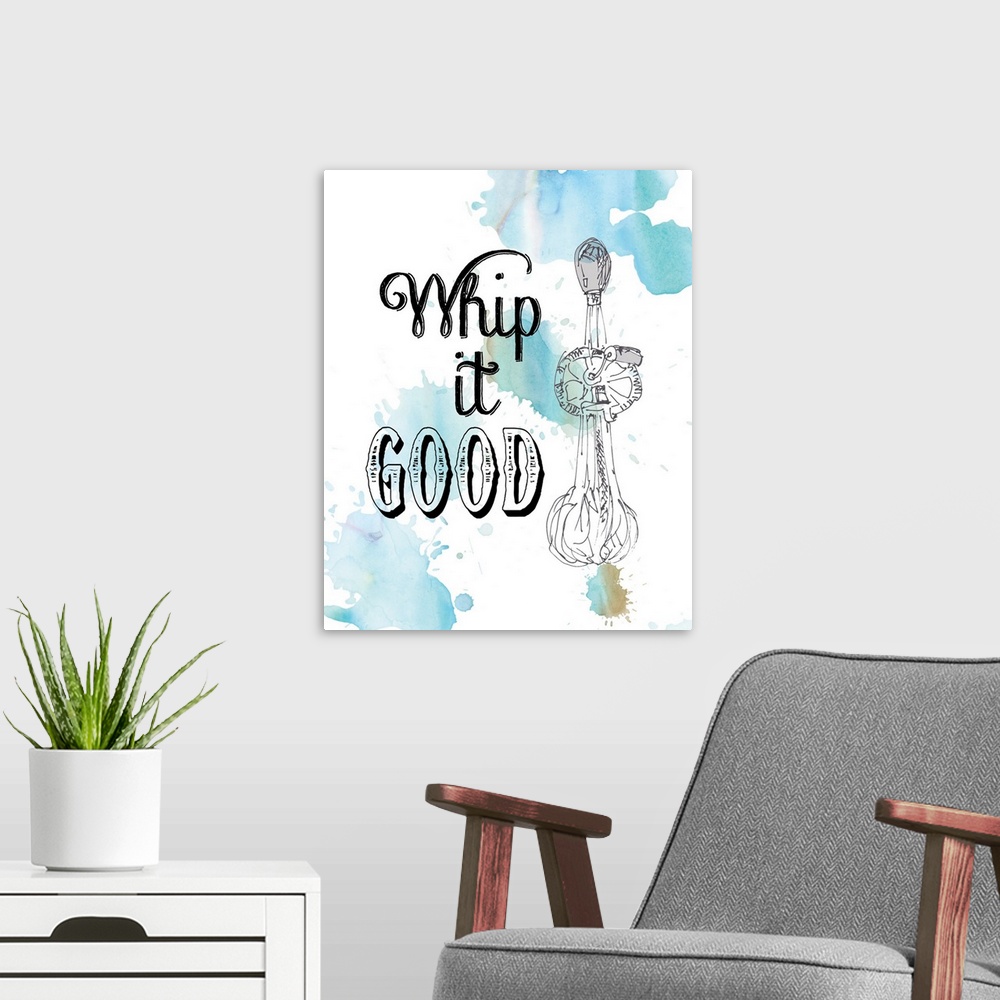 A modern room featuring Droplets of blue watercolor on white are the backdrop for the drawing of a hand crank whisk and t...