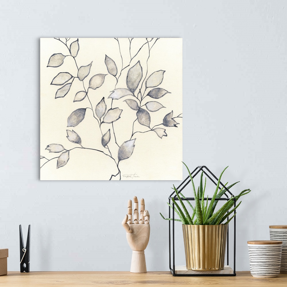 A bohemian room featuring Square painting of leaves with thin branches in shades of white and grey.