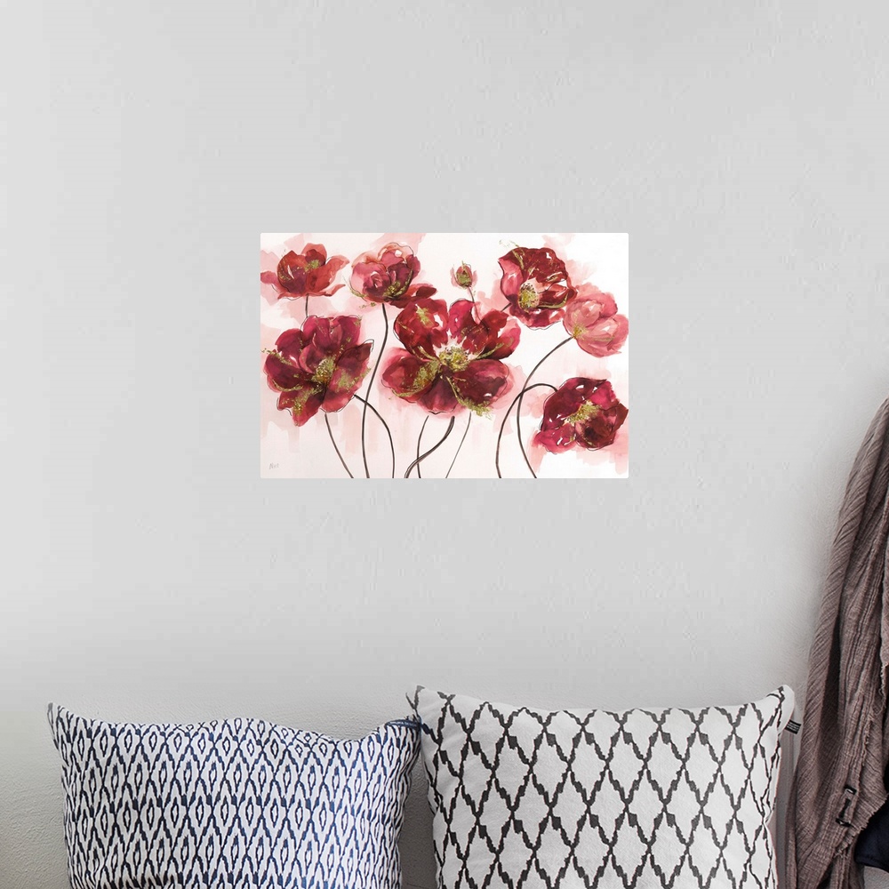 A bohemian room featuring Ruby red watercolor poppy flowers with metallic gold highlights on a white background with faded ...